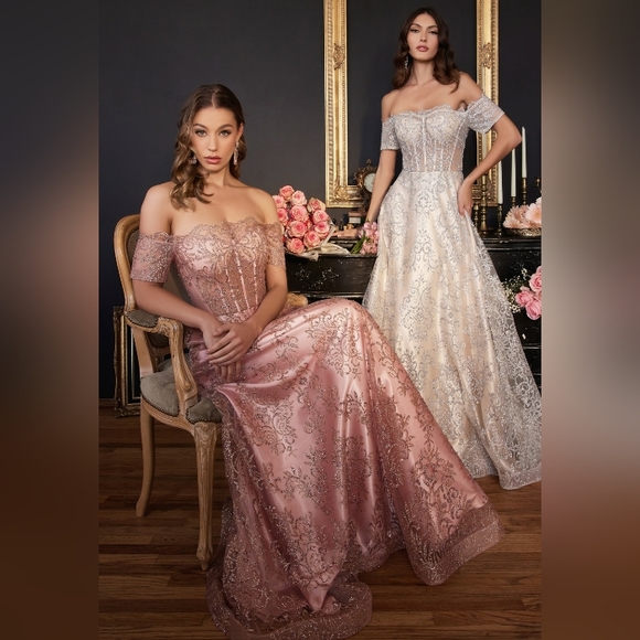 New long emerald, platinum, rose gold off the shoulder glitter tulle lace up - Picture 4 of 9